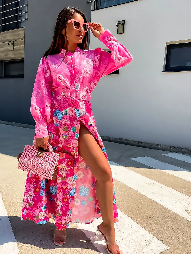 Vzorované košeľové maxi šaty s opaskom RENELLE