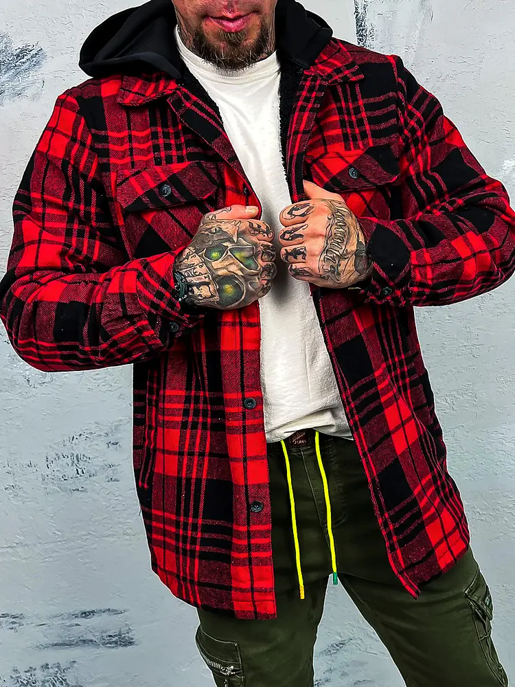 Kockovaná vrchná košeľa s kapucňou 