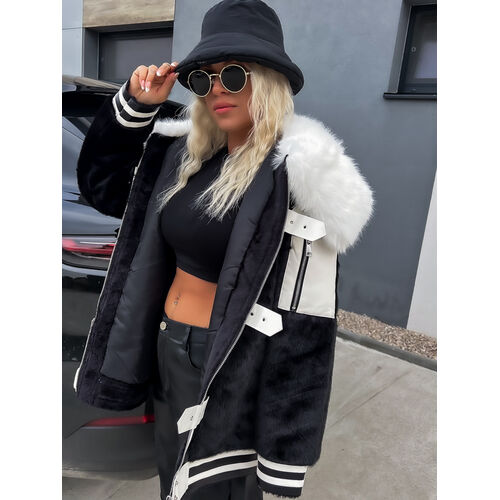 Kožušinová bunda s koženkovými detailmi KAZIA+ veľkosť: S/M