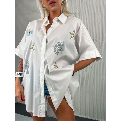 E-shop Oversized biela košeľa zdobená flitrami BROOKE