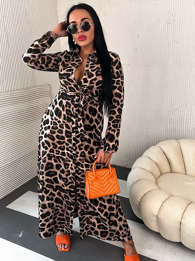 Leopardie dlhé košeľové šaty JEMMA