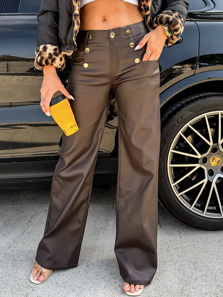 Vysoko-pásové koženkové wide-leg nohavice so zlatými gombíkmi+