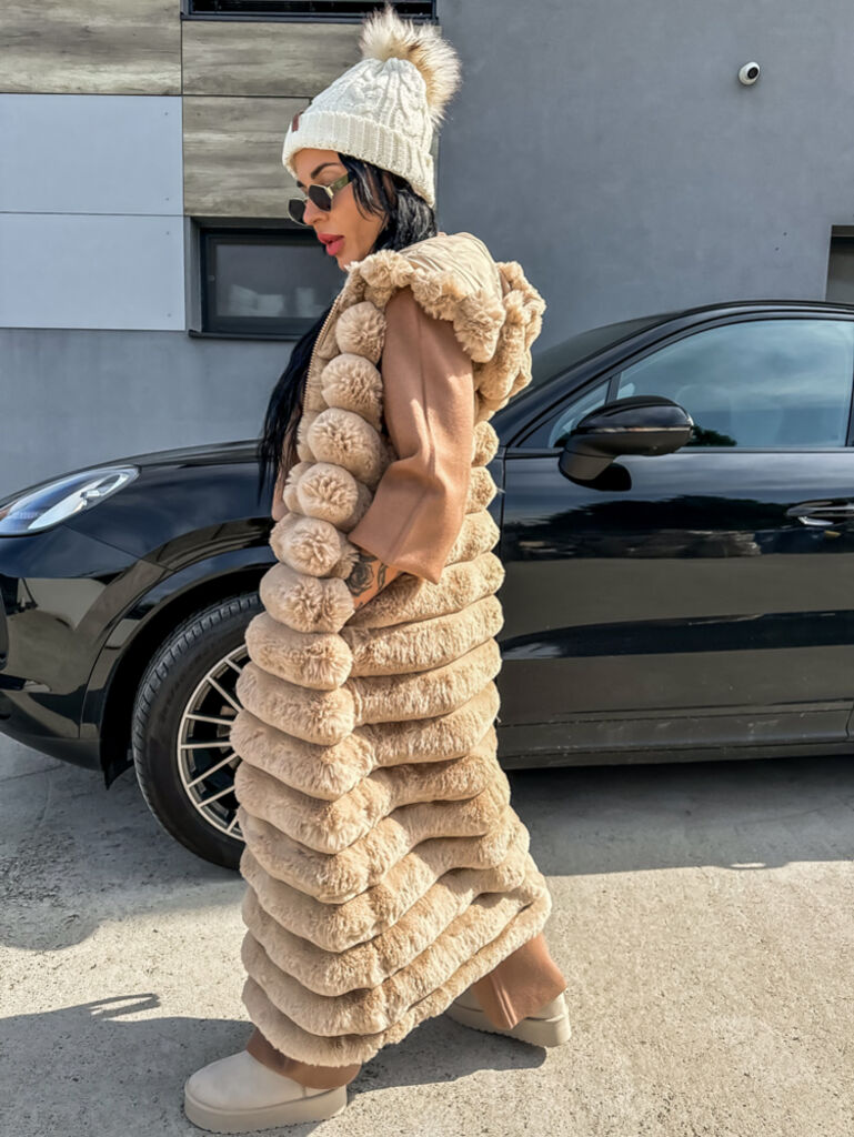 Dlhá kožušinová vesta s kapucňou SHARNEL - next