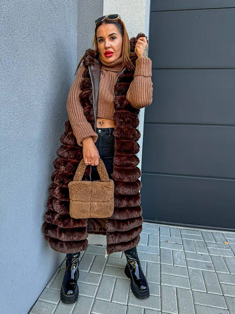 Dlhá kožušinová vesta s kapucňou SHARNEL+