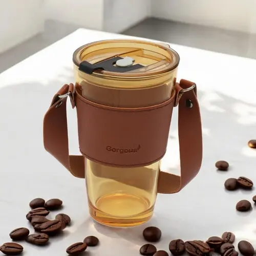 E-shop Sklenený pohár na kávu a čaj so slamkou a uzáverom, 450 ml farba: brown