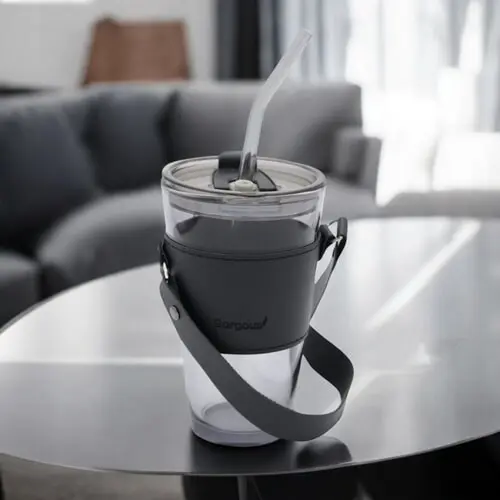 Sklenený pohár na kávu a čaj so slamkou a uzáverom, 450 ml farba: grey