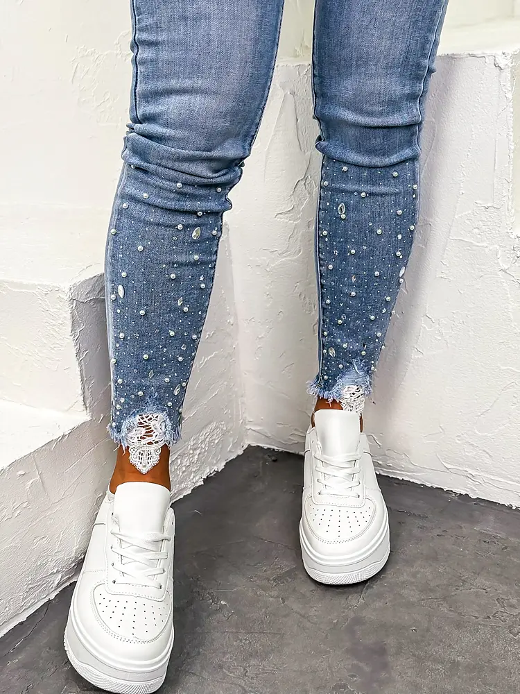 Vysoko-pásové skinny rifle zdobené kamienkami a korálikmi - next