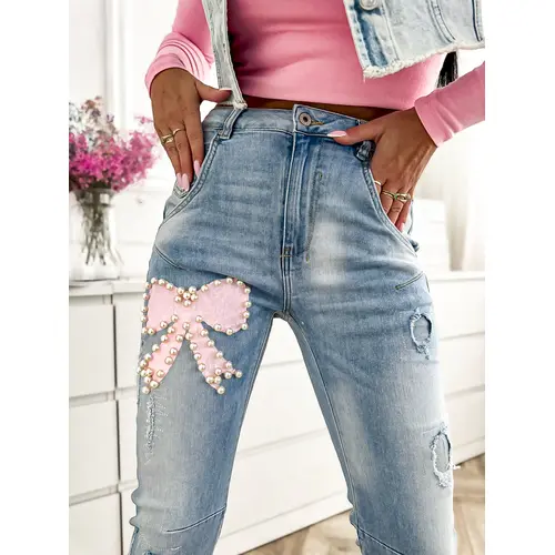 Vysoko-pásové mom fit rifle zdobené korálikmi veľkosť: 38/M
