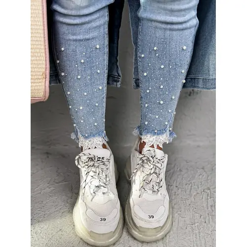 Modré skinny rifle zdobené kamienkami a korálikmi veľkosť: 44/XXL