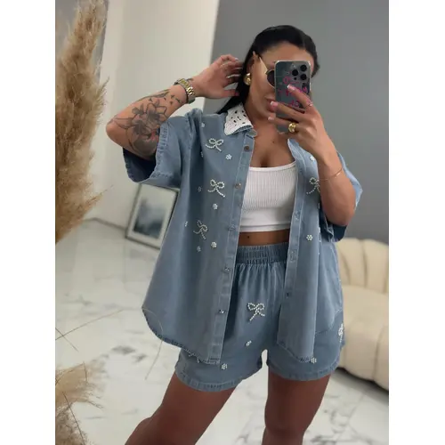 Elegantný dvojdielny denim komplet s korálkami VERUS veľkosť: one size