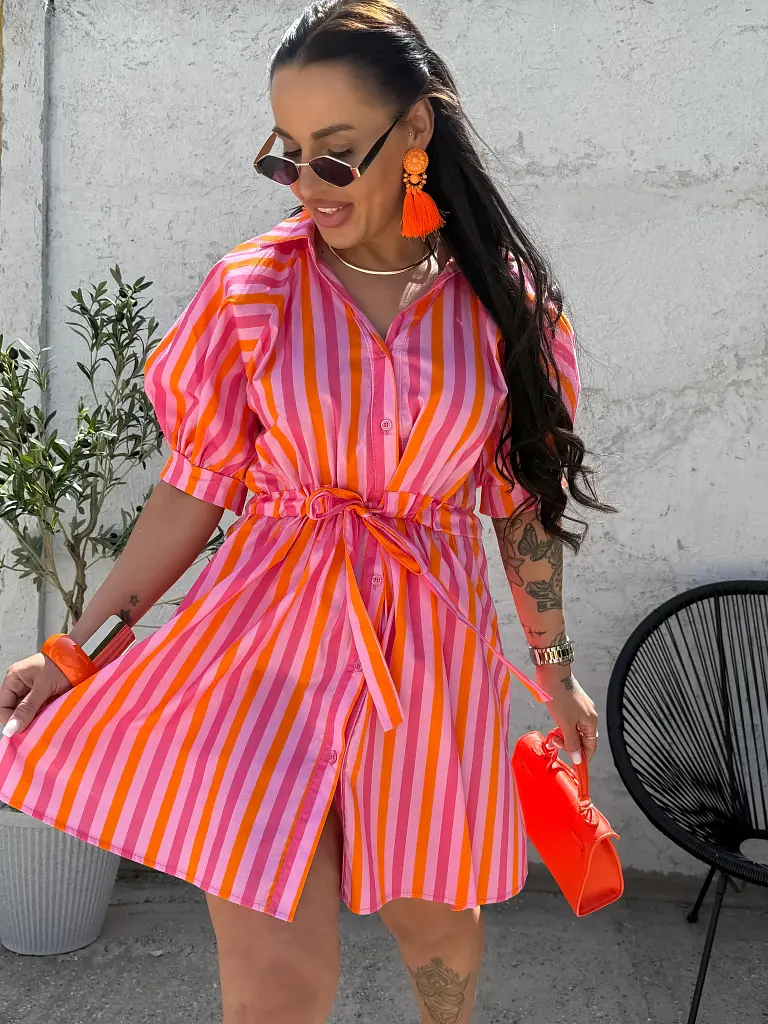 Premium pásikavé košeľové šaty s opaskom KINGA