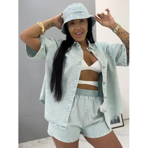 Elegantný denim komplet s kamienkami ERICA veľkosť: S/M