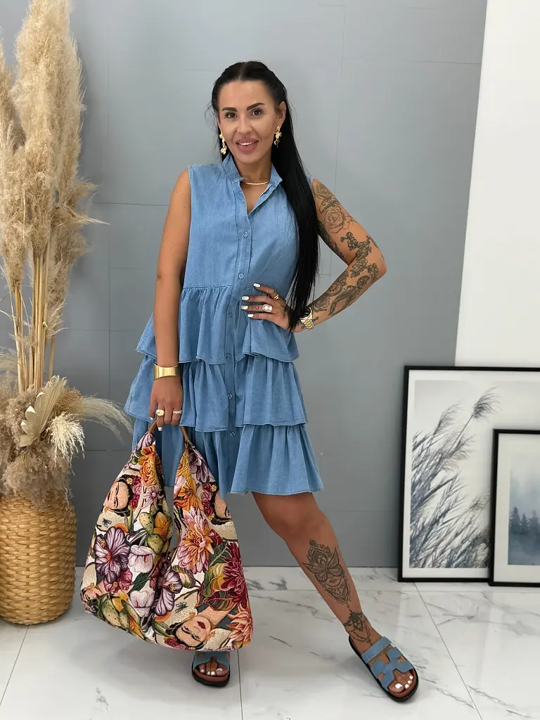 Denim šaty na gombíky s volánmi BETTY