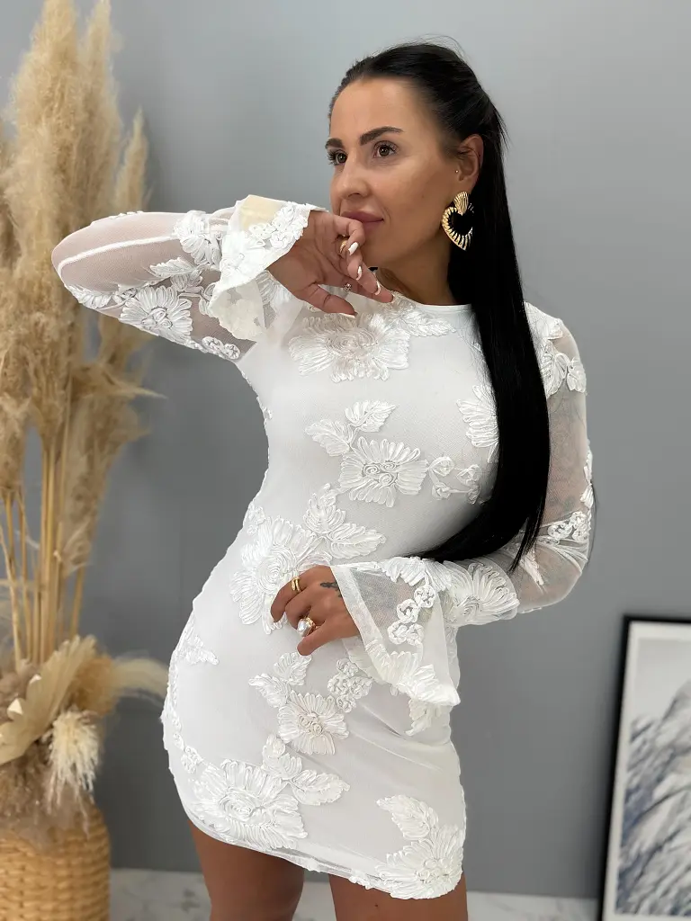 Premium biele šaty s 3D kvetmi FREDERIKA