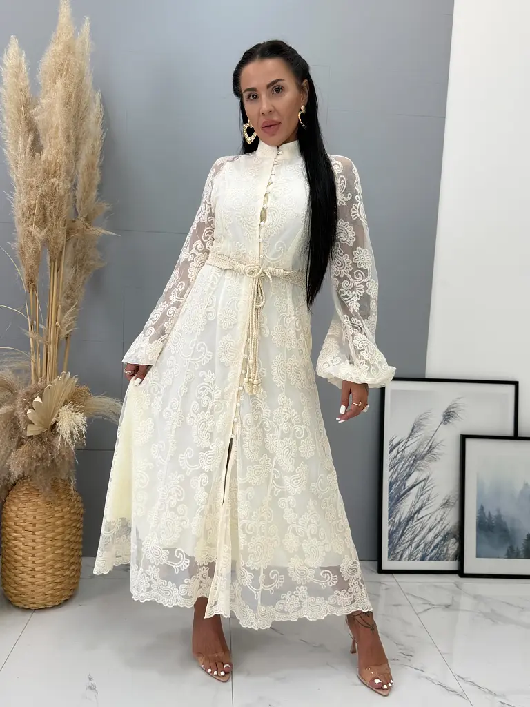 Krémové čipkované košeľové dlhé šaty s opaskom LAULINA - next