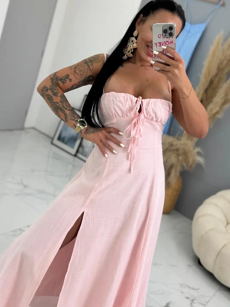 Ružové maxi šaty s predným rozparkom VIERKA