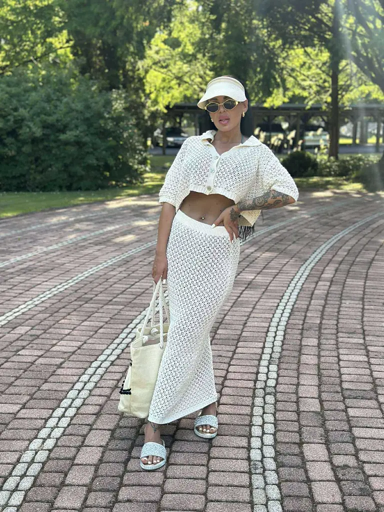 Béžový pletený plážový komplet HANA