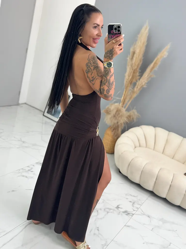 Hnedé dlhé šaty na viazanie s predným rozparkom ANJALI - next