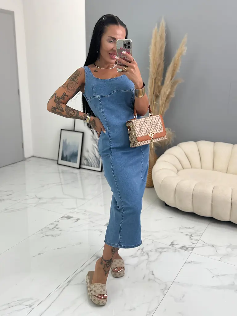 Dlhé denim šaty bez rukávov NESSA