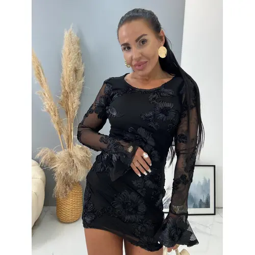 Premium čierne šaty s 3D kvetmi FREDERIKA veľkosť: L