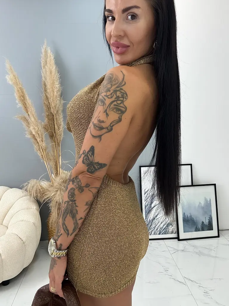 Pletené šaty bronz na viazanie za krkom LUISE - next