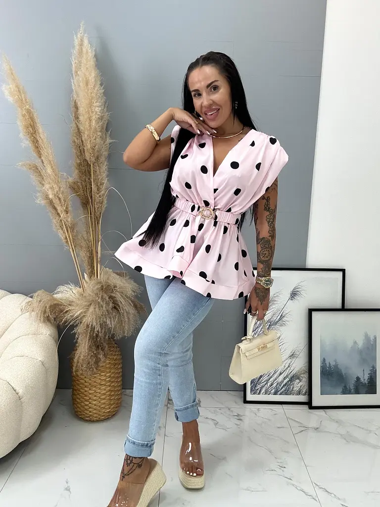 Bodkovaná saténová blúzka s opaskom FEODORA