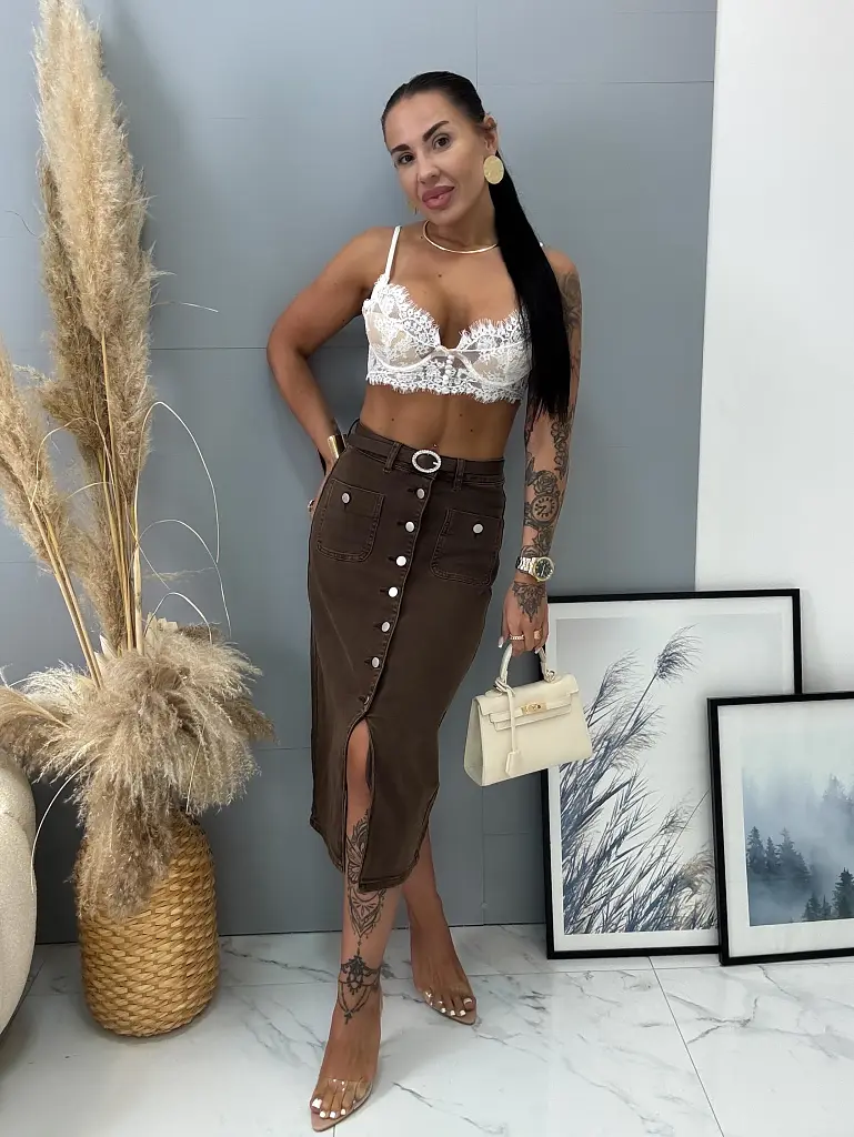 Denim sukňa na gombíky s opaskom MERYN