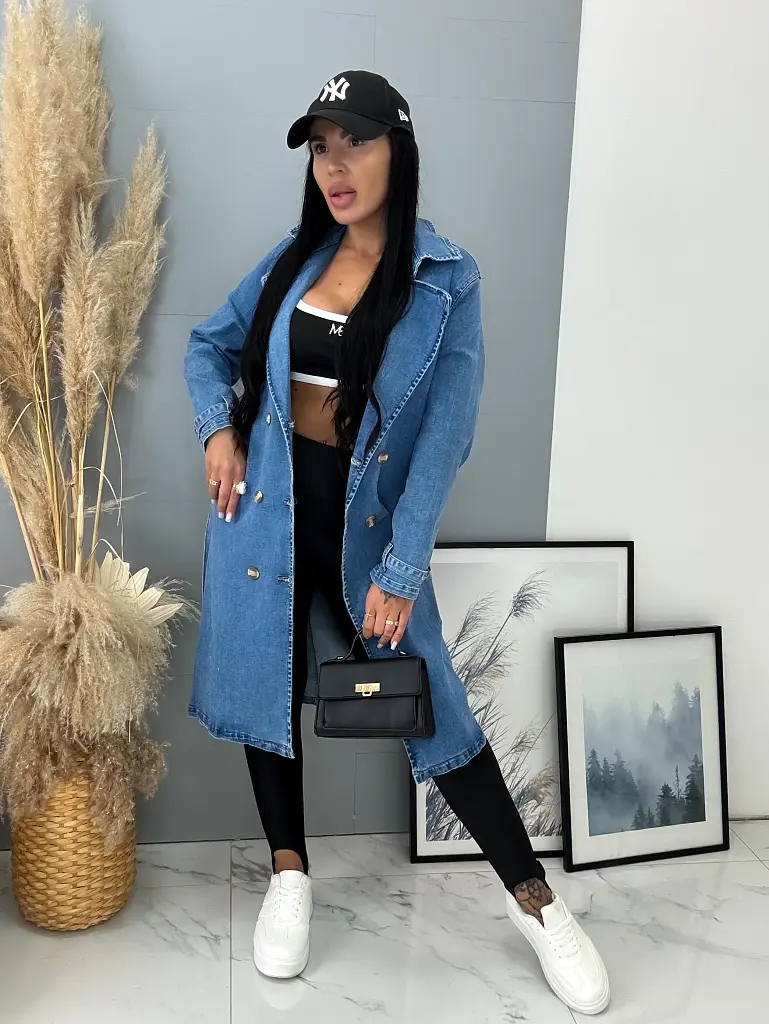 Dlhý denim kabát s opaskom ASHINA