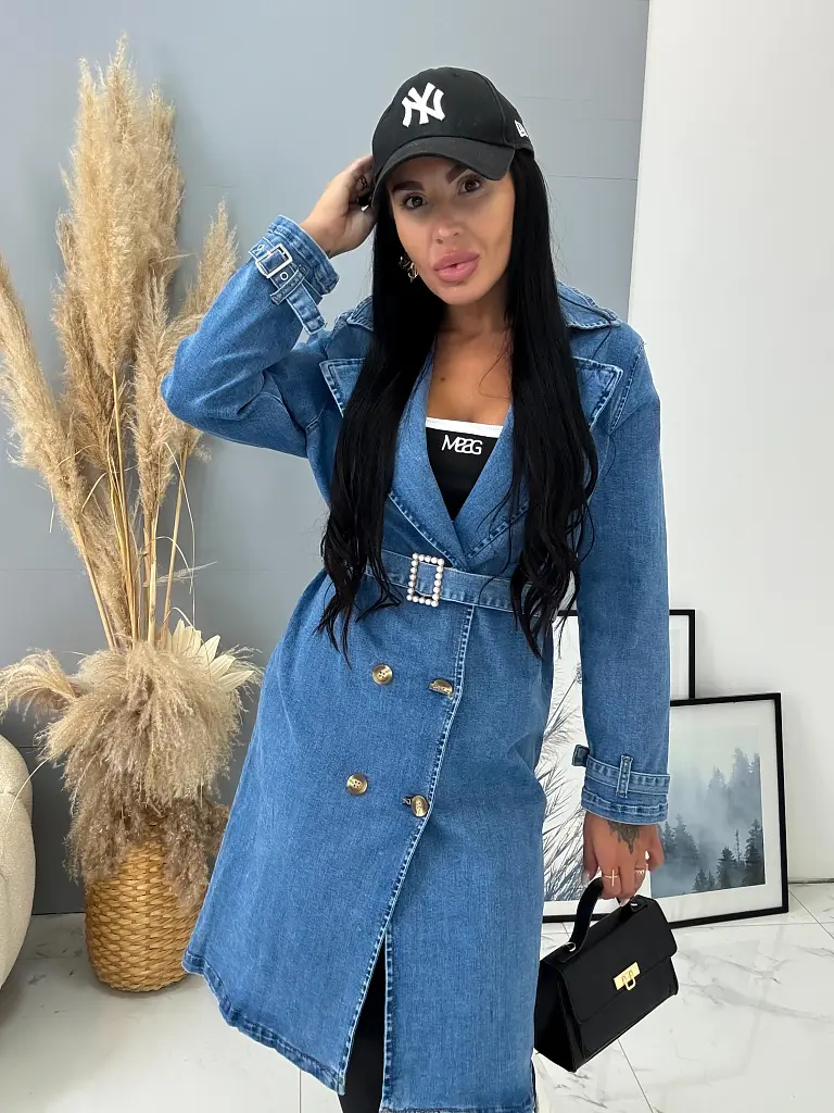 Dlhý denim kabát s opaskom ASHINA - next