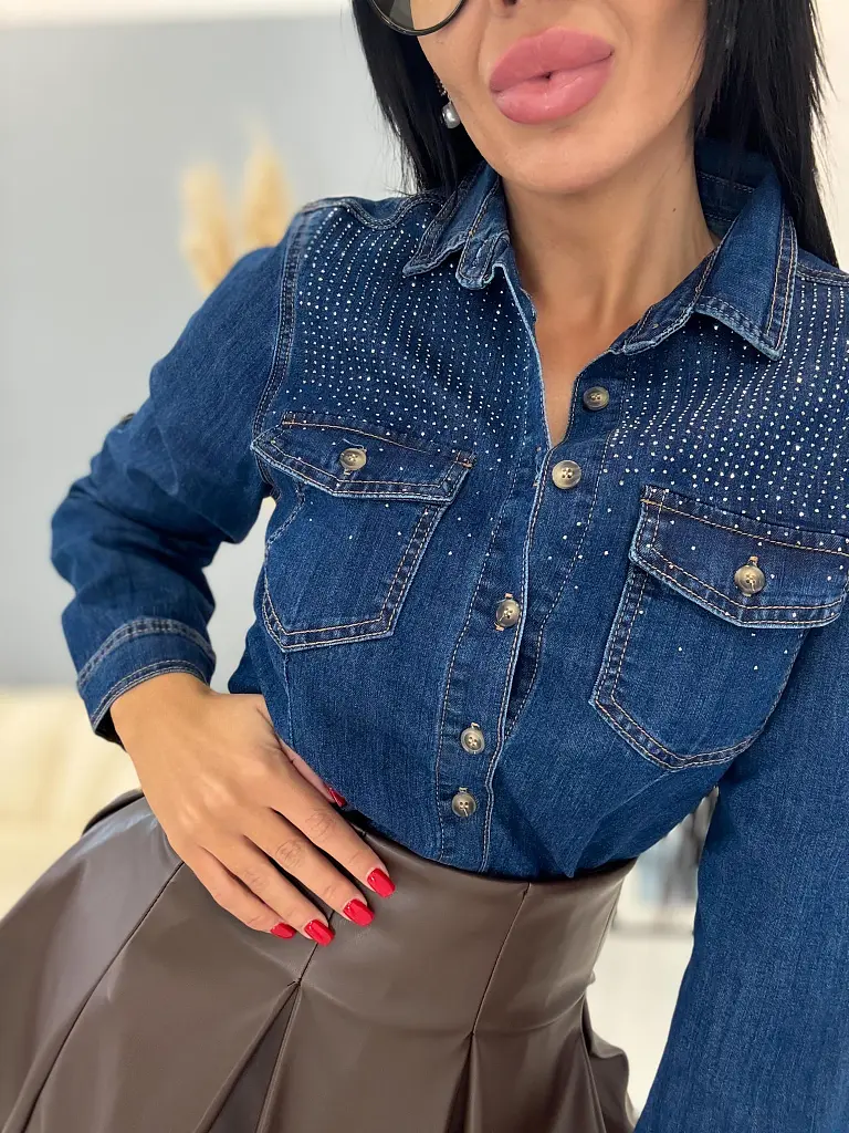 Denim košeľa zdobená kamienkami HENIA+