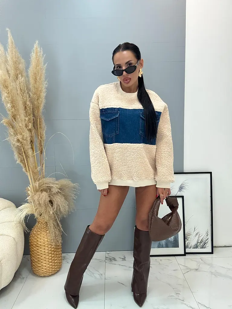 Teddy mikina kombinovaná s denimom AMINA