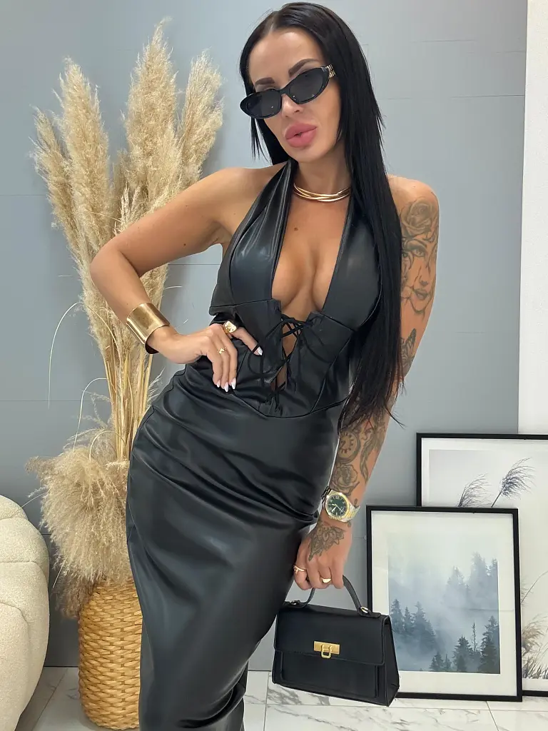 Koženkové dlhé šaty so zaväzovaním okolo krku BRIENA - next