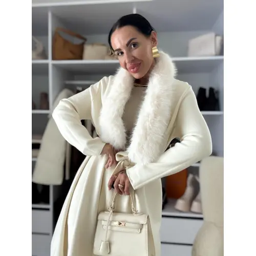 Béžový kardigán s kožušinou a opaskom FAYE veľkosť: one size