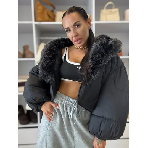 Čierna bunda s kožušinou DORIYA veľkosť: M/L