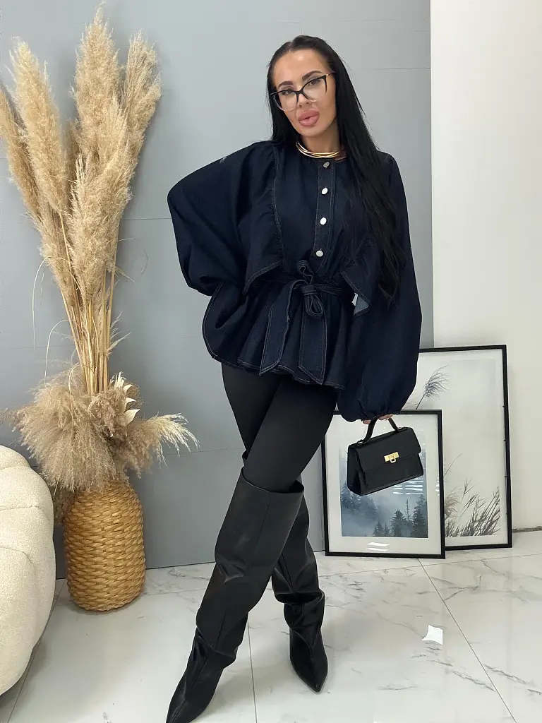 Denim tunika s balónovými rukávmi a opaskom HANHA - next