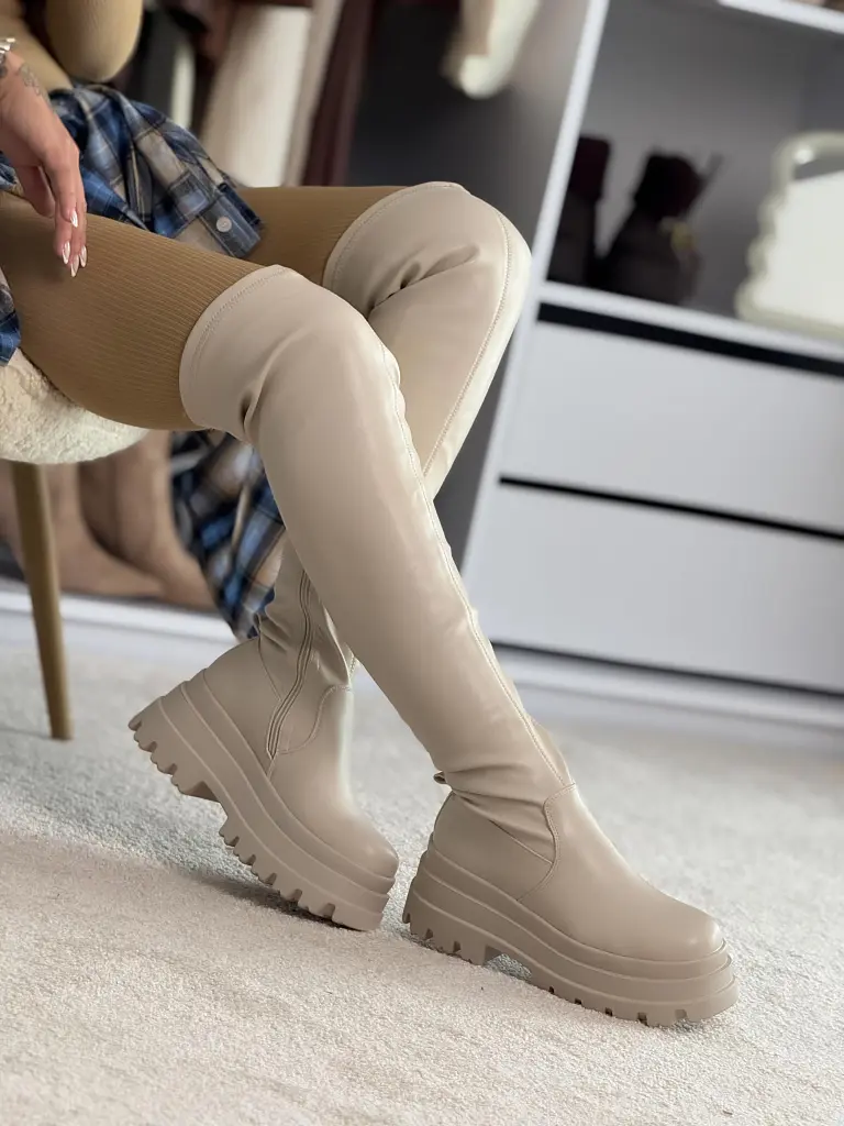 Béžové čižmy nad kolená SHEIRA+