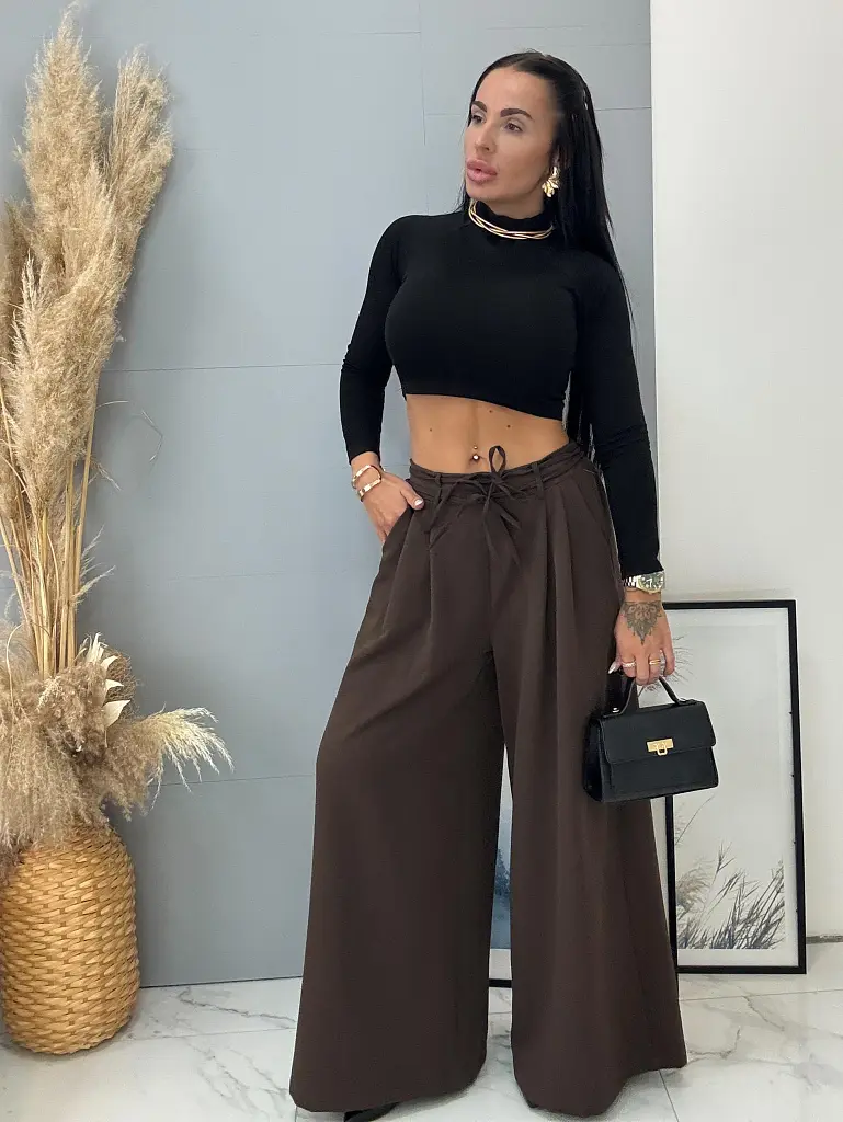 Hnedé wide-leg nohavice s opaskom PARINA