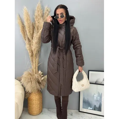 Dlhý koženkový kabát s kapucňou a opaskom JAMEA veľkosť: L