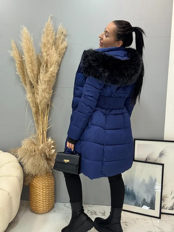 Dlhá štepovaná modrá bunda s kapucňou MYRA