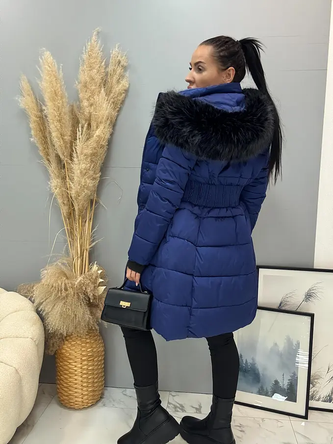 Dlhá štepovaná modrá bunda s kapucňou MYRA