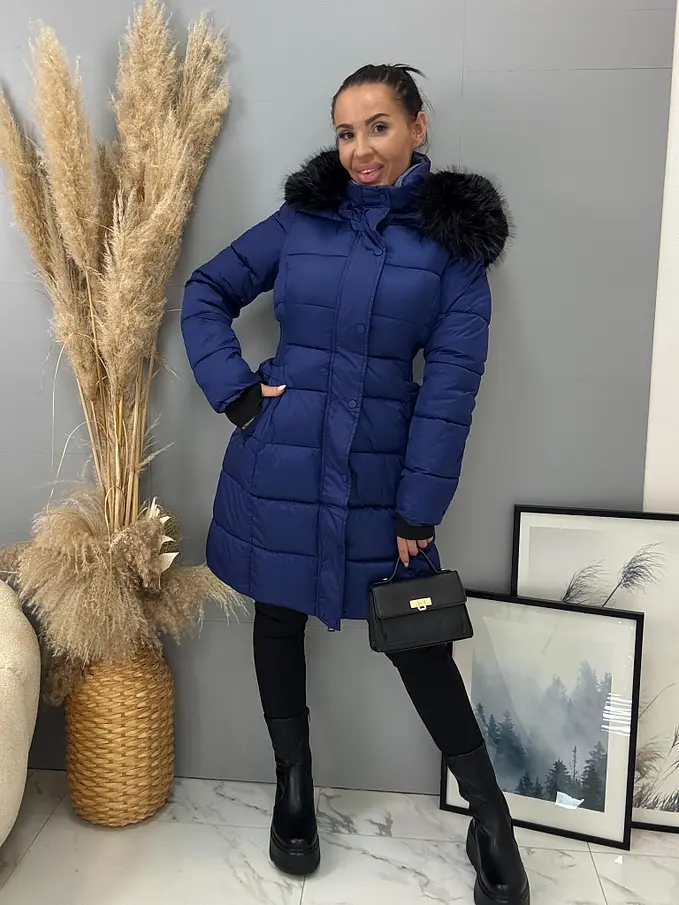 Dlhá štepovaná modrá bunda s kapucňou MYRA