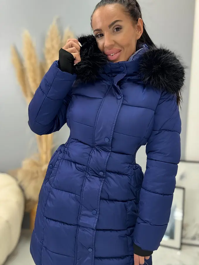 Dlhá štepovaná modrá bunda s kapucňou MYRA