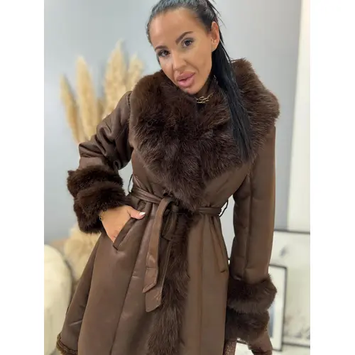 Velúrový dlhý kabát s kožušinou ANYTA veľkosť: L/XL Velúrový dlhý kabát s kožušinou ANYTA veľkosť: L/XL