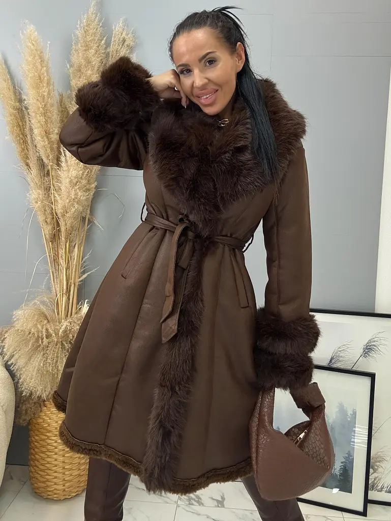 Velúrový dlhý kabát s kožušinou ANYTA - next