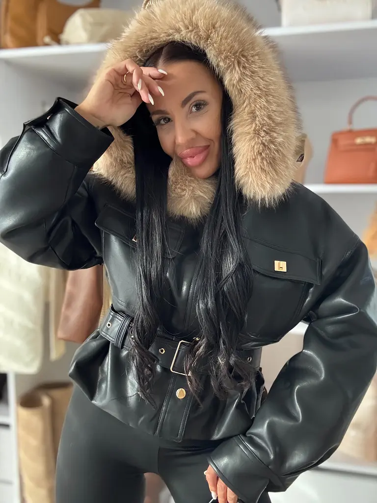 Kožená bunda s kapucňou a opaskom SERENA - next