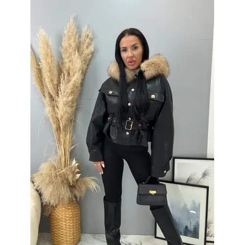 Kožená bunda s kapucňou a opaskom SERENA veľkosť: one size