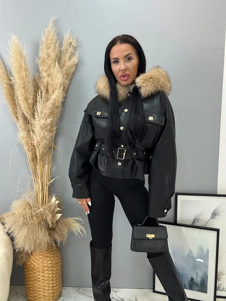 Kožená bunda s kapucňou a opaskom SERENA