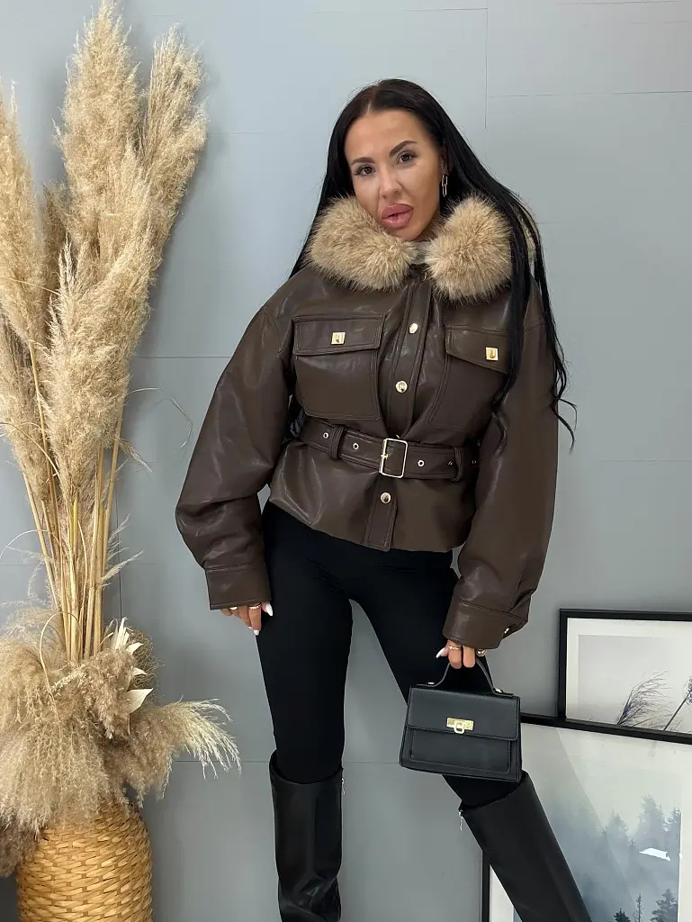 Kožená bunda s kapucňou a opaskom SERENA - next