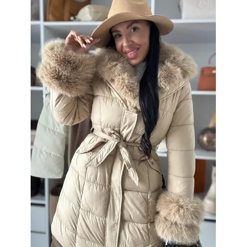 Dlhá bunda s kožušinou a opaskom LAUNA veľkosť: L