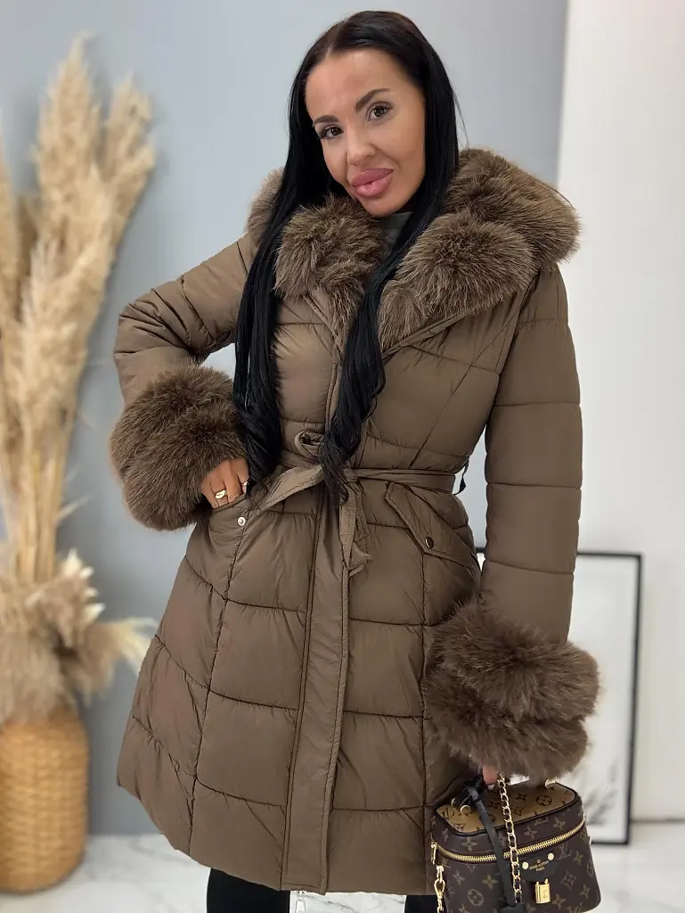 Dlhá bunda s kožušinou a opaskom LAUNA